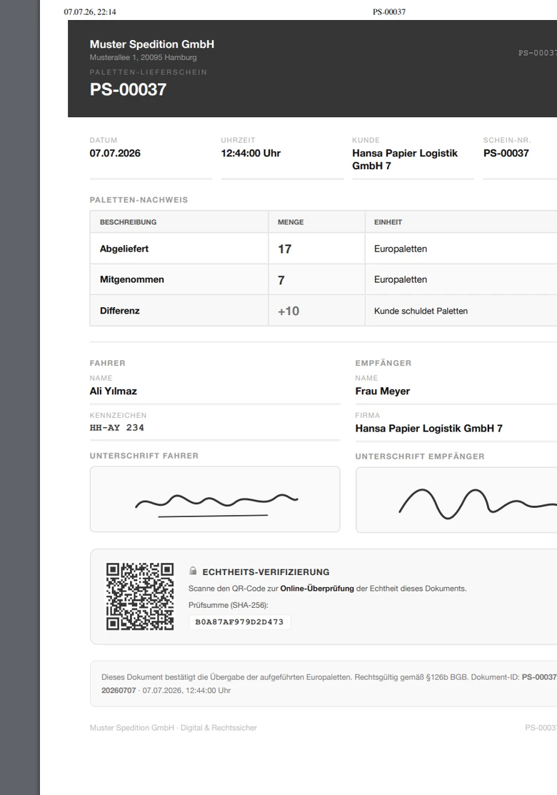 Digitalisierter Palettenschein als rechtssicheres PDF mit Unterschriften und QR-Prüfsumme